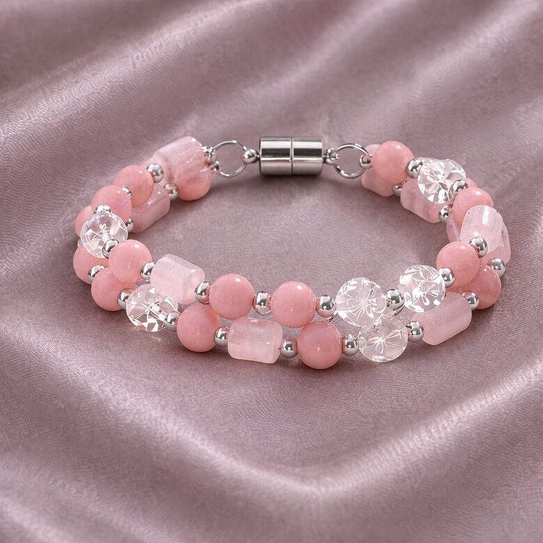 Rozā kvarca un kalnu kristālu rokassprādze "Sakuras Dārzs"